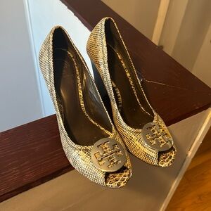 Tory Burch pep toe wedge, snakeskin shoe